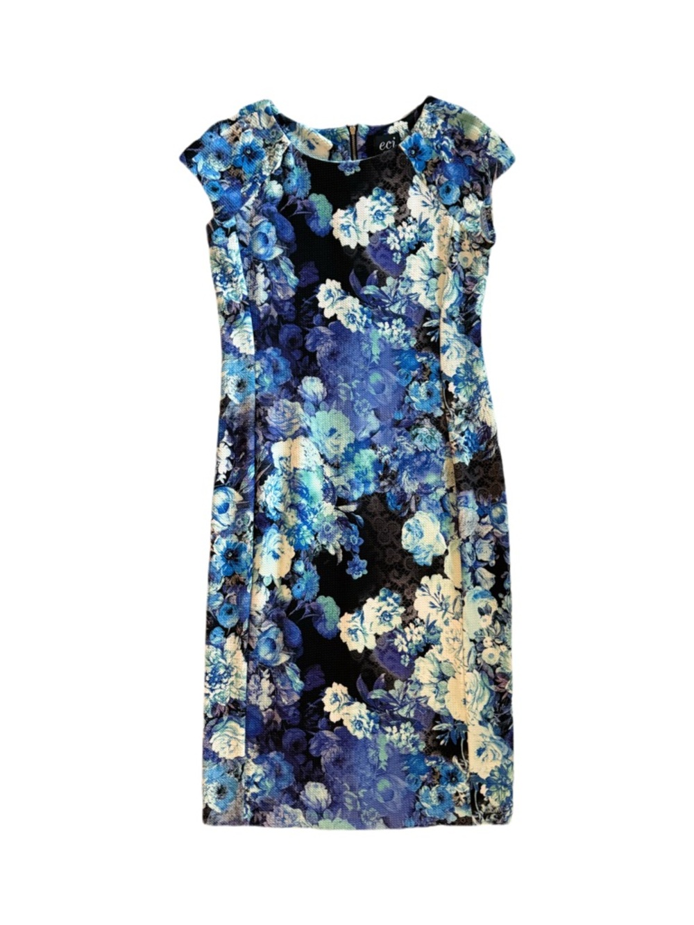 ECI Blue and Cream Floral Cap-Sleeve Midi Dress